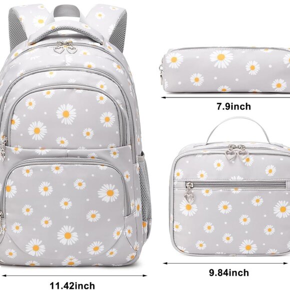 Createy Girls Daisy Backpack, Lunch Box, Pencil Case 3Pcs Black or Gray - Picture 11 of 15
